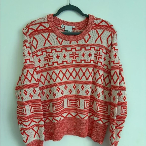 Ichi Cotton Blend Orange and White Patterned Sweater - Picture 1 of 6